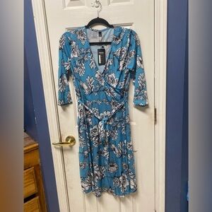 Fisoul Spring Summer Floral V-neck Belted Blue Sun Dress w/Pockets L